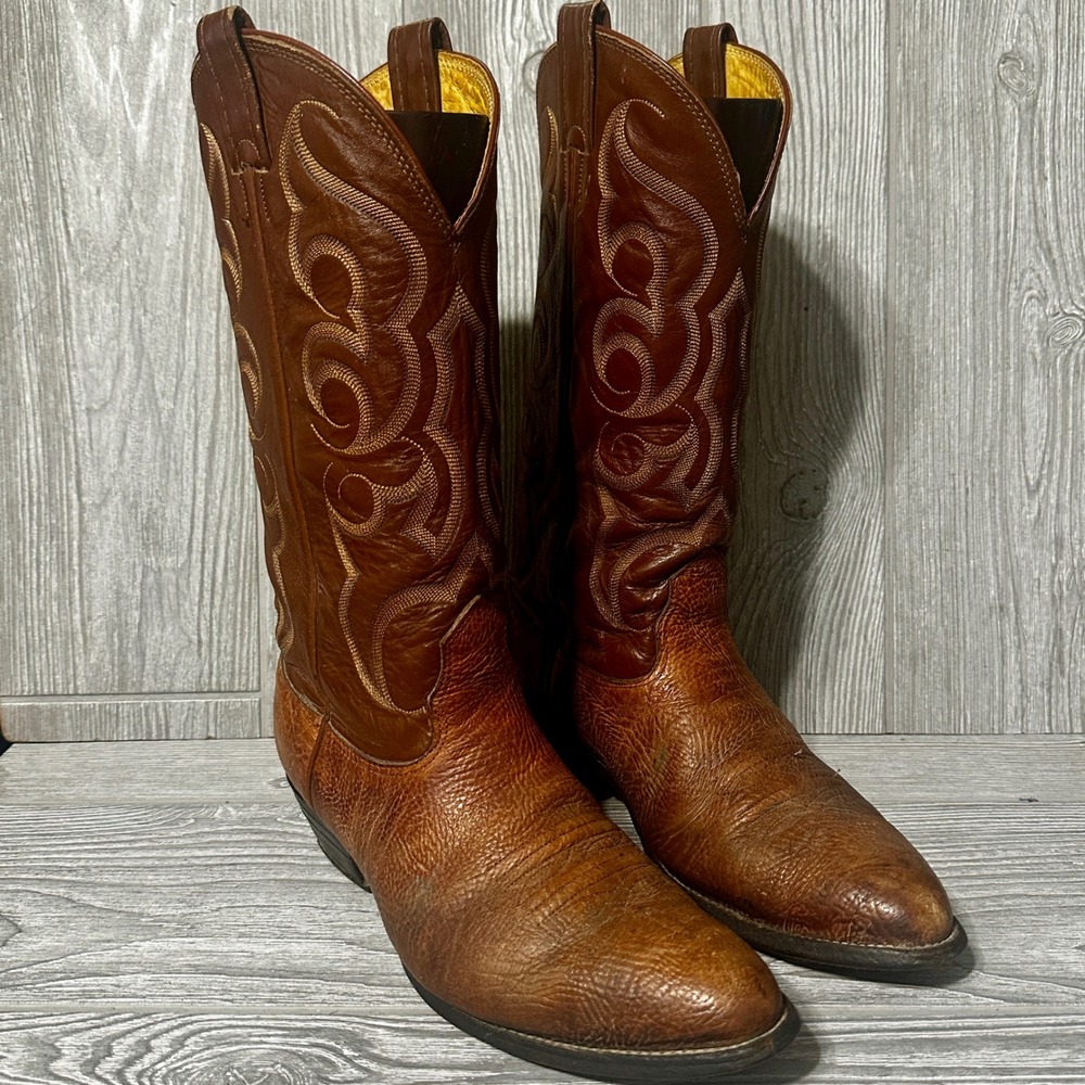 Vintage Nocona Cowboys Boots Bull Hide Leather Men's 8.5 E Pointed Toe Classic